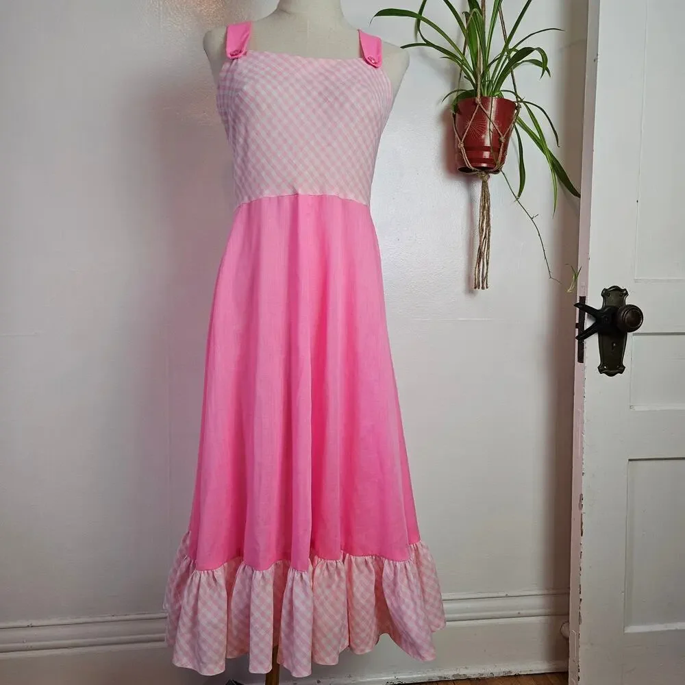 Vintage Handmade Dress & Shawl M? L? Pink Gingham‎ Midi - Picture 2 of 14